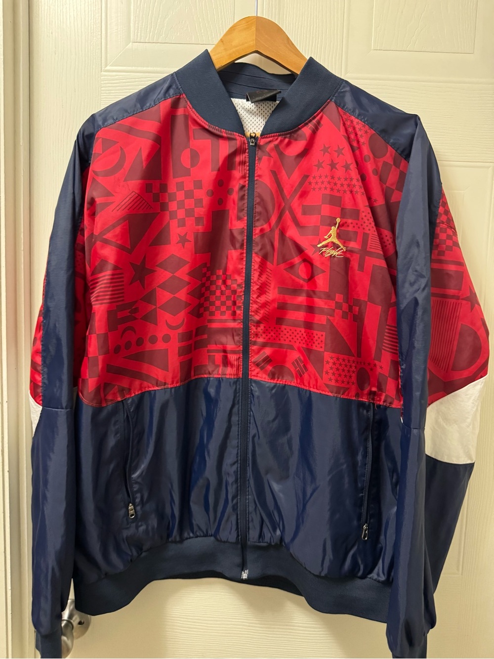 Jordan Red and Navy Graphic Varsity Bomber Jacket